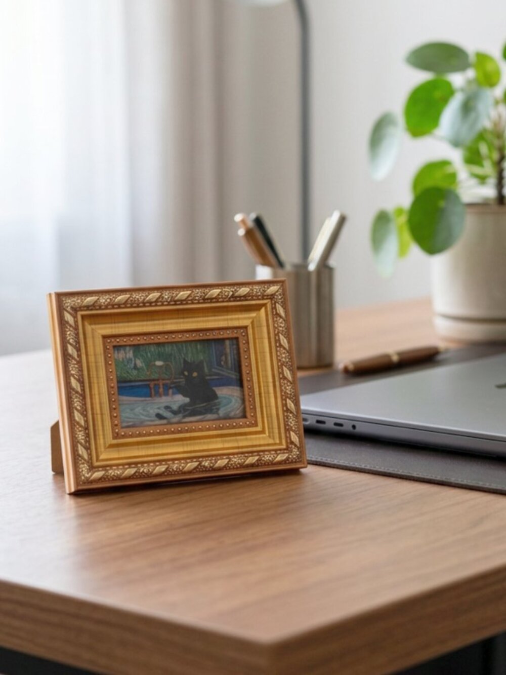 Handmade Mini Framed Print - Van Gogh Bath Tub Black Cat 4.75x3.75"